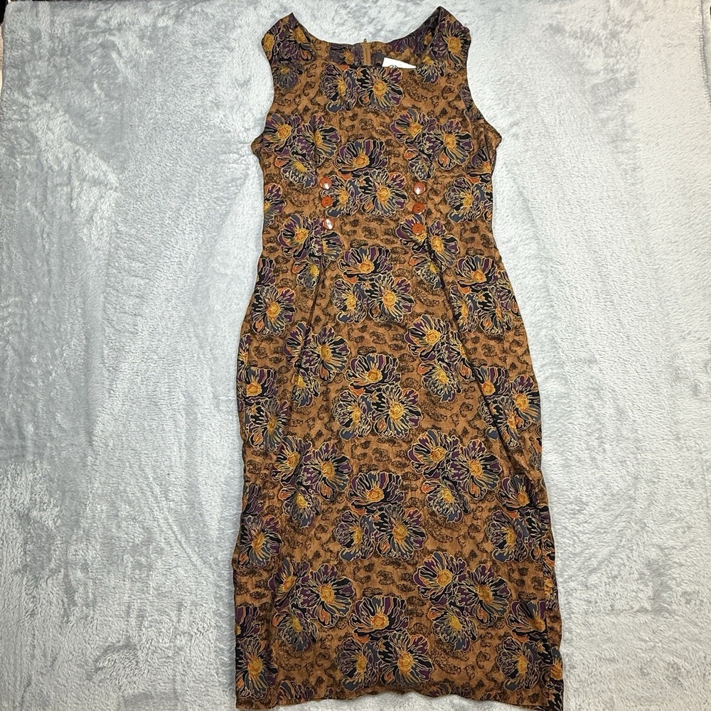 Vintage Marnie West Dress Womens 13/14 Brown 90s Cottage Core Floral Asian Lotus